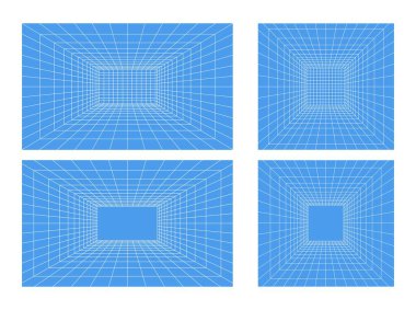Üç boyutlu perspektifte ızgara odası kümesi. Mavi arka planda beyaz lazer ışınının kapalı kablo çerçevesi, dijital boş kutu. Soyut geometrik tasarım