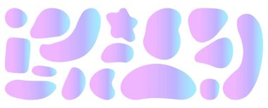 Bir dizi holografik organik şekil. sıvı şekiller, grafik tasarım elementleri