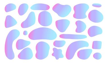 Bir dizi holografik organik şekil. sıvı şekiller, grafik tasarım elementleri