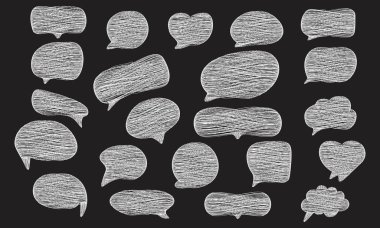 Bir dizi karalama metni, sohbet kutusu, mesaj kutusu tasarımı. Düşünce simgesinin balon karalama biçimi