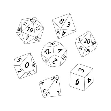 Masa oyunları için D8 D10 D12 D20 Dice. Farklı kenarlı çokyüzlü zarların koleksiyonu