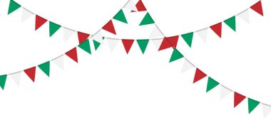 Yeşil, beyaz ve kırmızı çelenk. Üçgen flama zinciri. Parti dekorasyonu. Dekorasyon için kutlama bayrakları