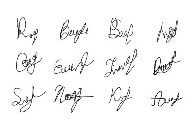 Belgeler için sahte el yazısı. El yazısı imza seti. Kaydırma imzası