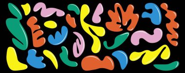 Sıvı soyut organik damlalar seti. Dalgalı elementler köpürüyor ve düşüyor. Moda sıvısı y2k biçimini oluşturur