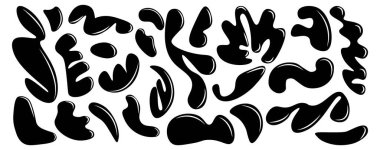 Sıvı soyut organik damlalar seti. Dalgalı elementler köpürüyor ve düşüyor. Moda sıvısı y2k biçimini oluşturur