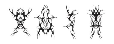 Bir dizi neo kabile dövmesi. Gotik tarzda soyut etnik şekiller. Dekorasyon için bireysel tasarımcı unsurları