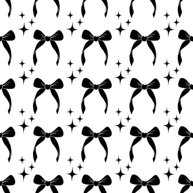 Dekoratif siyah yaylar ve yıldızların pürüzsüz desenleri. Moda tasarımı. Tekstil, duvar kâğıdı ve ambalaj için hoş bir kadınsı arka plan.