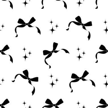 Dekoratif siyah yaylar ve yıldızların pürüzsüz desenleri. Moda tasarımı. Tekstil, duvar kâğıdı ve ambalaj için hoş bir kadınsı arka plan.