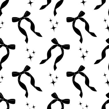 Dekoratif siyah yaylar ve yıldızların pürüzsüz desenleri. Moda tasarımı. Tekstil, duvar kâğıdı ve ambalaj için hoş bir kadınsı arka plan.