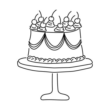 Kürsüde kirazlı leziz bir pasta. Doğum günü kartı, düğün, parti, yıldönümü için mükemmel. Modern moda karalama biçimi