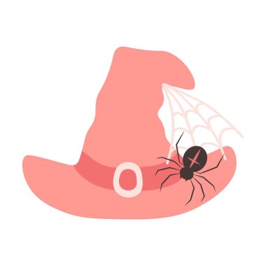 Pink witchs hat with spider. Cute spooky Halloween element in flat style clipart