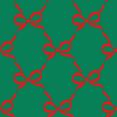Yeşil arka planda kırmızı fiyonklu kusursuz bir desen. Tekstil, duvar kâğıdı ve ambalaj için hoş bir baskı.