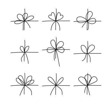 Bir çift basit siyah fiyonk. Paket ya da harf için ipe takılmış zarif hediye kurdelesi. Asgari çizgi vuruş biçimi