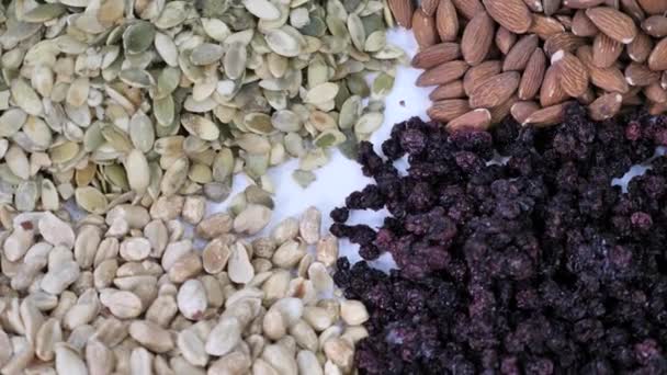 Nuts Seeds Raisins Dried Fruits Laid Out Tray Close — Stock Video