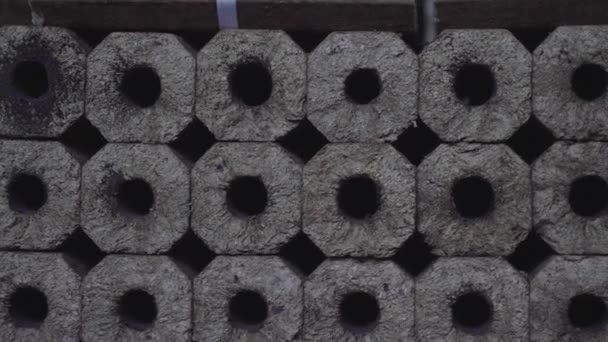 Топливные Брикеты Производство Топлива Прессованных Опилок Брикеты Сложенные Поддонах — стоковое видео