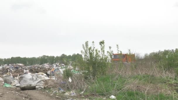 Polígono Caminhões Lixo Laranja Descarregam Lixo Depósito Lixo Uma Catástrofe — Vídeo de Stock