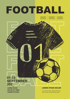 Şablon Spor Tasarımı, futbol. Futbol ligi turnuvası poster illüstrasyonu. Top t-shirt futbol sahası arka planında.