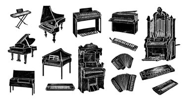 Orkestra sentezleyici akordeon klasik piyano illüstrasyonunun klavye enstrüman taşıyıcı müzisyen ekipmanı piyanosu. Müzik tuş tahtası forte-piano seti beyaz arkaplanda izole.