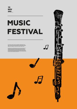 Obua, hautboy. Müzik festivali posteri. Rüzgar müzik aletleri. Rekabet. Bir dizi vektör çizimi. Minimalist tasarım. Pankart, broşür, kapak, baskı.