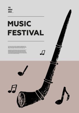 Alphorn, alpenhorn, alp boynuzu. Müzik festivali posteri. Rüzgar müzik aletleri. Rekabet. Bir dizi vektör çizimi. Minimalist tasarım. Pankart, broşür, kapak, baskı.