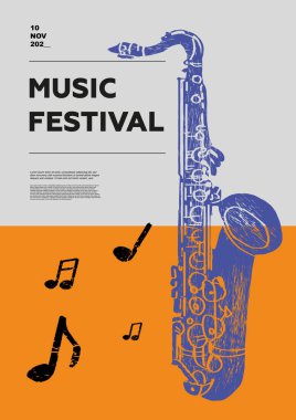 Tenor saksafon. Müzik festivali posteri. Rüzgar müzik aletleri. Rekabet. Bir dizi vektör çizimi. Minimalist tasarım. Pankart, broşür, kapak, baskı.