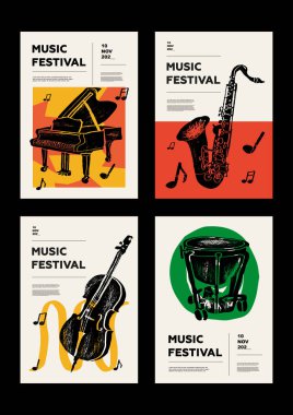 Piyano, saksafon, saksafon, kaçak içki, çello, davul. Müzik festivali posteri. Müzik aletleri. Rekabet. Bir dizi vektör çizimi. Minimalist tasarım. Pankart, broşür, kapak, baskı.
