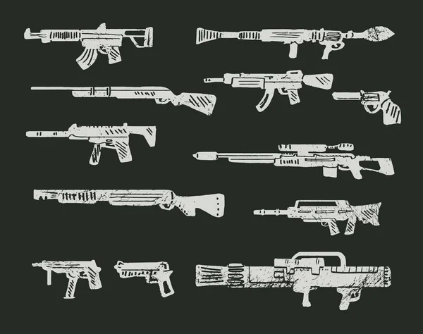 Waffengravur Farbset Sammlung Verschiedener Realistischer Schusswaffen Vereinzelte Sturmgewehre Scharfschützengewehre Schrotflinten — Stockvektor