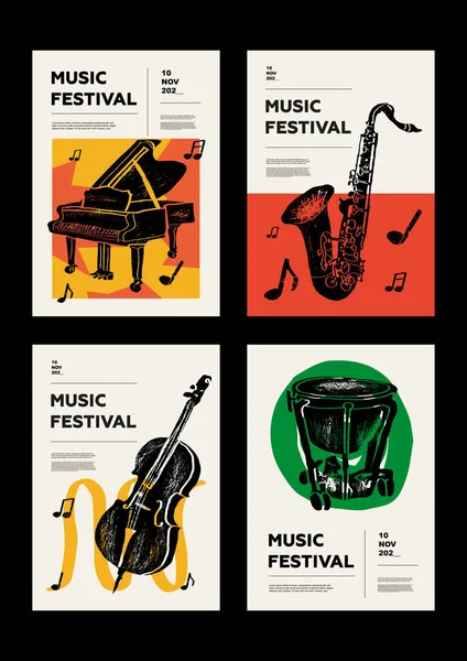 ピアノ サックス サックス コントラバス チェロ ドラム 音楽祭ポスター 競争だ ベクトルイラストのセット ミニマルなデザイン — ストックベクタ