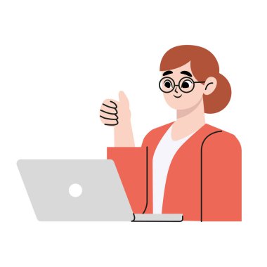 PC 'yi çalıştıran parlak bir ifadesi olan genç bir kadın moda yaratıcı ofis çalışanı sunum yapıyor. Düz vektör çizimi beyaz arkaplanda izole edildi.