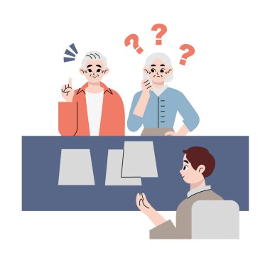 Düz stil vektör illüstrasyonu- tezgahta danışmanlık yapan çift ve müşterilere hizmet eden kişi