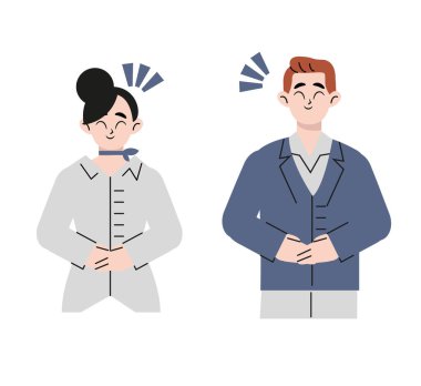 Müşterilere gülümseyerek hizmet eden bir pansiyon çalışanı. Düz çizilmiş biçim vektör tasarımı çizimleri.