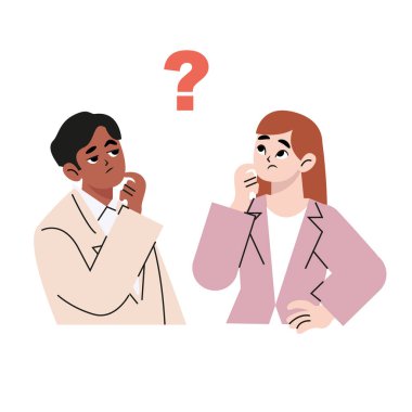 Düşünen genç erkekler ve kadınlar. Soru işaretiyle kafası karışmış ve kafası karışmış insanlar. Düz çizilmiş biçim vektör tasarımı çizimleri.