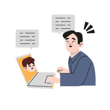 İş adamları projeleri video aracılığıyla tartışıyor. Kız arkadaşıyla internetten konuşuyor. İnsanlar iletişim kurar, uzaktan çalışır ve toplantılar için dizüstü bilgisayar kullanır. Düz vektör tasarımı çizimi