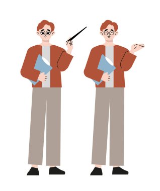 Karatahtadaki günlük giysiler içindeki genç erkek öğretmen elinde fotokopi alanı ile işaretleyici çubuğu izole vektör illüstrasyonunu kullanarak bir şey gösteriyor