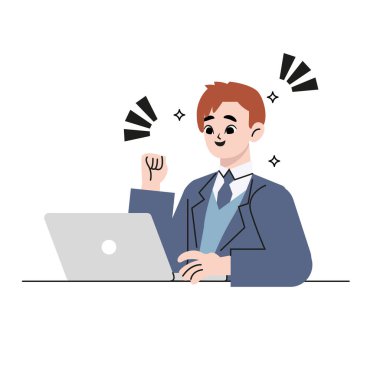 Dizüstü bilgisayarlı bir adam oturuyor. Bilgisayarda çalışıyorum. Serbest meslek, çevrimiçi eğitim veya sosyal medya kavramı. Serbest çalışmak ya da konsept çalışmak. Düz stil. Vektör illüstrasyonu beyazda izole edildi.