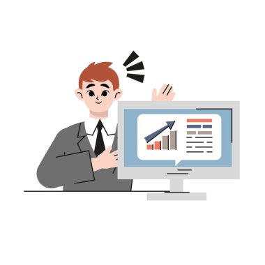 İş danışmanlığı illüstrasyonu. Erkek iş dünyası diyagramı. Düz stil. Vektör illüstrasyonu beyazda izole edildi.