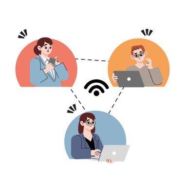 Bedava internet alanındaki insanlar büyük bir kablosuz internet tabelasının üzerinde dizüstü bilgisayarlarla çalışıyorlar. Ücretsiz kablosuz bağlantı, kablosuz bağlantı, kamusal değerlendirme bölgesi, taşınabilir cihaz konsepti. Düz çizilmiş biçim vektör tasarımı çizimleri.