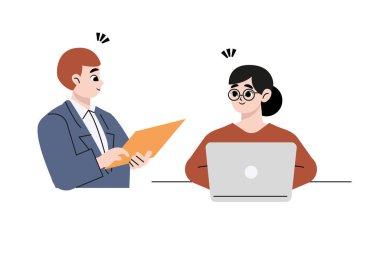 Birlikte çalışma, takım, eğitim, tartışma, iş konsepti. İş adamı ve iş kadını ortaklarından oluşan bir ekip birlikte çalışmaktan bahsediyor. Takım çalışması, ofis toplantısında tasarım projesi. Düz çizilmiş biçim