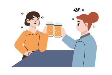 İnsanlar çizgi film karakterleri, arkadaşlar ve çiftler restoranda ya da barda bira içip birlikte zaman geçiriyorlar. Arkadaş canlısı bira partisi. Düz çizilmiş biçim vektör tasarımı çizimleri.