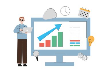 Mavi Takım Elbiseli Ofis İşçisi, Şimdiki Durum Raporunu sunar, Turta Diyagramları ve Sütun Grafikleri içerir, Sayıdaki Noktaları Açıklar, Onları Açıklar ve Örneklerle İllüleştirerek