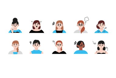 İnkar, öfke, pazarlık, depresyon, kabullenme. Farklı negatif duyguları ifade eden bir kadın. Kaçınılmazı kabullenmenin aşamaları. Üzgün, öfkeli, sinirli bir kız. Düz biçim vektör illüstrasyonu