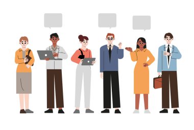 Çok uluslu iş ekibi. Çeşitli ırklardan, yaşlardan ve ofis kıyafetlerinde vücut tiplerinden çeşitli erkek ve kadınların vektör çizimi. Düz biçim vektör tasarımı çizimi