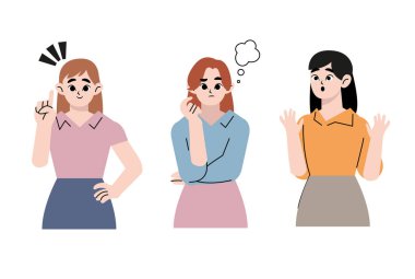 Şok olmuş yüzlü, düşünen, mutlu bir ifade takınan genç kadınlar. Şaşırmış ve şaşırmış insan çizgi filmi. Düz biçim vektör tasarımı çizimi