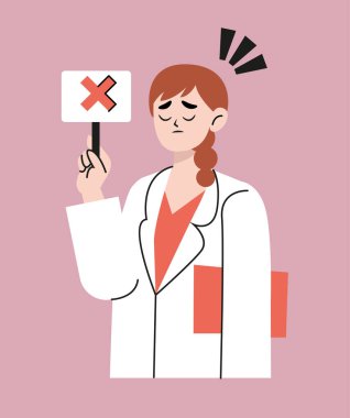 Üzgün kadın doktor X işaretli kontrol listesi tutuyor. Düz biçim vektör tasarımı çizimi