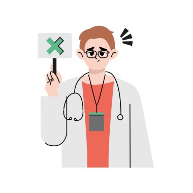 Üzgün adam doktor X işaretli kontrol listesi tutuyor. Düz biçim vektör tasarımı çizimi