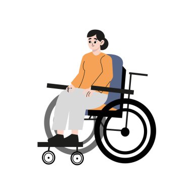 Tekerlekli sandalyede oturan sakat bir kadın. Çizgi film özürlü kız karakteri. Kötürüm kadın. Özürlü yaşamak, eşit fırsatlar. Düz vektör illüstrasyonu