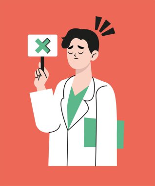 Üzgün adam doktor X işaretli kontrol listesi tutuyor. Düz biçim vektör tasarımı çizimi