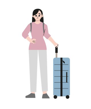 Bavullu genç kadın tatile çıkıyor. Bavullu bir kız ve giriş kartı olan bir pasaport. Seyahat konsepti. Düz vektör çizimi beyaz arkaplanda izole edildi