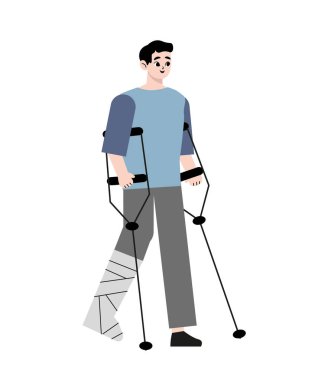 Kemik yaralanması ya da genç bir hastanın kırığı. Koltuk değnekleriyle yürüyen bir adam ve kırık bacaklı bir alçı taşı. Kazadan sonra rehabilitasyon ve tedavi. Düz vektör çizimi beyaz arkaplanda izole edildi