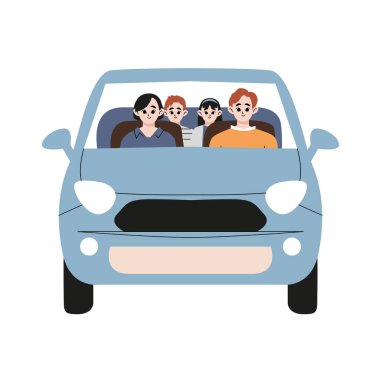 Mutlu aile seyahatleri araba önü manzarasıyla. Düz vektör çizimi beyaz arkaplanda izole edildi